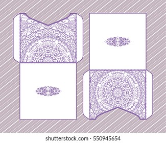 A festive envelope, wrapping, cover. Mandala, Oriental motif for wedding, party, congratulations, asking for forgiveness. Hand painted background. Decorative elements for design print. Vector EPS 10