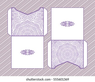 A festive envelope, wrapping, cover. Mandala, Oriental motif for wedding, party, congratulations, I'm sorry. Hand-painted background. Decorative elements for design print. Vector EPS 10