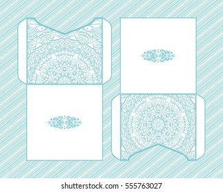 A festive envelope, wrapping, cover. Mandala, Oriental motif for wedding, party, congratulations, I'm sorry. Hand-painted background. Decorative elements for design print. Vector EPS 10