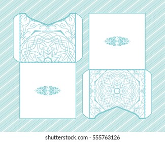 A festive envelope, wrapping, cover. Mandala, Oriental motif for wedding, party, congratulations, I'm sorry. Hand-painted background. Decorative elements for design print. Vector EPS 10