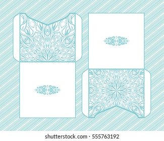A festive envelope, wrapping, cover. Mandala, Oriental motif for wedding, party, congratulations, I'm sorry. Hand-painted background. Decorative elements for design print. Vector EPS 10