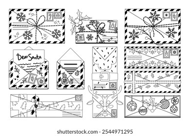 Festive Envelopes With Christmas Elements In Black And White Style Featuring Designs Like Holly Snowflakes And Candy Canes Perfect For Holiday Celebrations And Gift Wrapping. Outline Monochrome Set