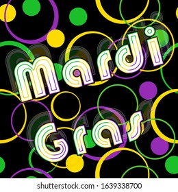 Festive ethnic seamless pattern with text Mardi Gras, traditional annual beginning of spring holiday