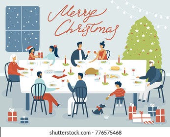 Festive evening with the family. Vector cartoon illustration. Merry christmas. Christmas dinner. Flat design. Picture for postcard, banner, poster. 
