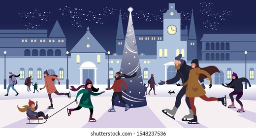 Festive evening on Outdoors rink in the downtown square on the Christmas eve. Flat vector illustration.