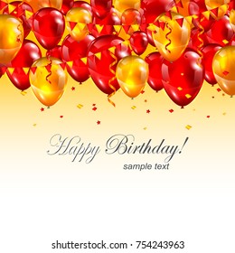 Festive Event Banner with Realistic Red and Yellow Flying Balloons, Serpentines and Confetti and Happy Birthday Text. Vector Illustration