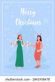 Plantilla vectorial plana de tarjeta de saludo de evento festivo. Feliz Navidad. Celebración de fiesta de invierno. Folleto, folleto diseño de un concepto de página con personajes de dibujos animados. Folleto de Feliz Año Nuevo, folleto