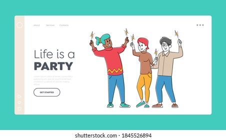 Festive Event Landing Page Template. Characters Enjoying Holidays Celebration Holding Sparklers in Hands. Happy Friends Celebrate Christmas or New Year Holidays, Linear People Vector Illustration