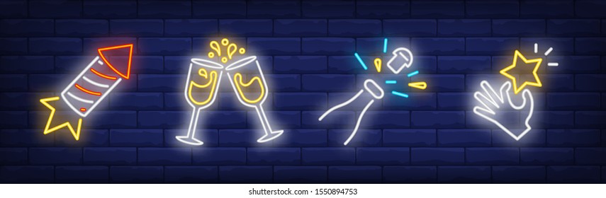 Festive event neon sign set. Petard, champagne bottle opening, star in hand. Vector illustration in neon style, bright billboard for topics like celebration, festive event, success