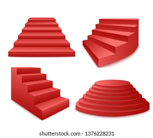 Festive events red stairs and podium or pedestal 3d realistic vector illustrations set isolated on white background. Staircase stage award ceremony icon.