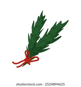 Festive evergreen branch tied with a red ribbon in flat style. Design for Christmas decoration, holiday card. Isolated on a white background.