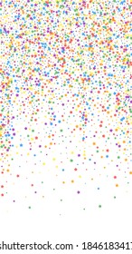 Festive excellent confetti. Celebration stars. Rainbow bright stars on white background. Gorgeous festive overlay template. Vertical vector background.