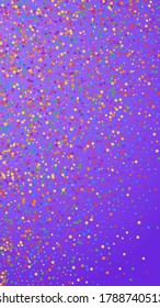 Festive exceptional confetti. Celebration stars. Rainbow confetti on violet background. Grand festive overlay template. Vertical vector background.