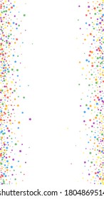 Festive exceptional confetti. Celebration stars. Rainbow bright stars on white background. Fine festive overlay template. Vertical vector background.