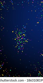 Festive exceptional confetti. Celebration stars. Bright confetti on dark blue background. Flawless festive overlay template. Vertical vector background.