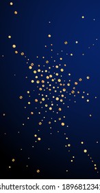 Festive exceptional confetti. Celebration stars. Sparse gold confetti on dark blue background. Fresh festive overlay template. Vertical vector background.