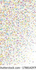 Festive exotic confetti. Celebration stars. Rainbow confetti on white background. Grand festive overlay template. Vertical vector background.