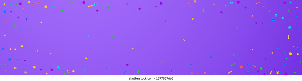 Festive exotic confetti. Celebration stars. Festive confetti on violet background. Amazing festive overlay template. Panoramic vector background.