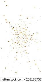 Festive exotic confetti. Celebration stars. Sparse gold confetti on white background. Fresh festive overlay template. Vertical vector background.
