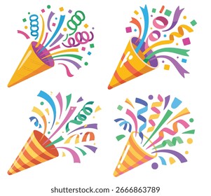 Festive explosion of colorful confetti streamers and stars party popper celebration