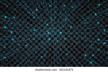 Festive explosion of confetti. Abstract glitter background for the card, invitation. Holiday Decorative element. Illustration of falling shiny particles and stars isolated on transparent background.