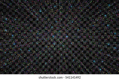 Festive explosion of confetti. Abstract glitter background for the card, invitation. Holiday Decorative element. Illustration of falling shiny particles and stars isolated on transparent background.