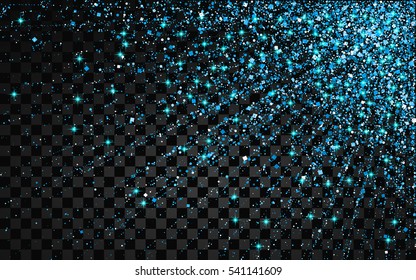 Festive explosion of confetti. Abstract glitter background for the card, invitation. Holiday Decorative element. Illustration of falling shiny particles and stars isolated on transparent background.
