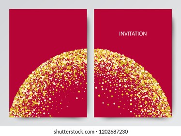 Festive explosion of confetti. Gold glitter background for the card, invitation. Holiday Decorative element. Illustration of falling shiny particles isolated on red background.