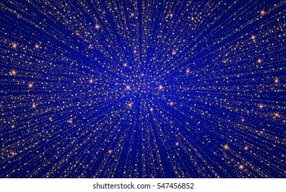 Festive explosion of confetti. Gold glitter background for the card, invitation. Holiday Decorative element. Illustration of falling shiny particles and stars isolated on blue background.