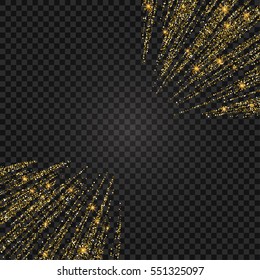 Festive explosion of confetti. Gold glitter background for the card, invitation. Holiday Decorative element. Illustration of falling shiny particles and stars isolated on checkered background.