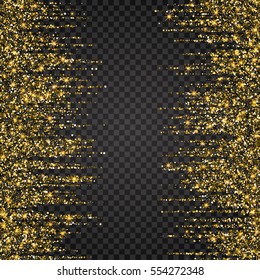 Festive explosion of confetti. Gold glitter background for the card, invitation. Holiday Decorative element. Illustration of falling shiny particles and stars isolated on checkered background.