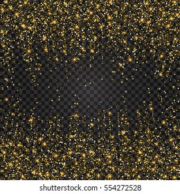 Festive explosion of confetti. Gold glitter background for the card, invitation. Holiday Decorative element. Illustration of falling shiny particles and stars isolated on checkered background.