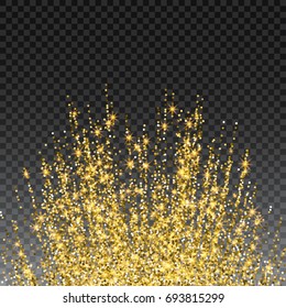 Festive explosion of confetti. Gold glitter background for the card, invitation. Holiday Decorative element. Illustration of falling shiny particles and stars isolated on checkered background.