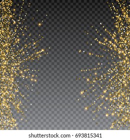 Festive explosion of confetti. Gold glitter background for the card, invitation. Holiday Decorative element. Illustration of falling shiny particles and stars isolated on checkered background.