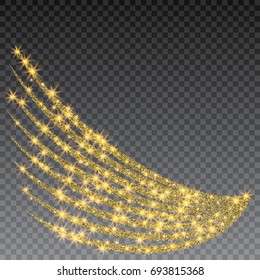 Festive explosion of confetti. Gold glitter background for the card, invitation. Holiday Decorative element. Illustration of falling shiny particles and stars isolated on checkered background.