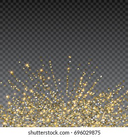 Festive explosion of confetti. Gold glitter background for the card, invitation. Holiday Decorative element. Illustration of falling shiny particles and stars isolated on checkered background.