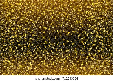 Festive explosion of confetti. Gold glitter background for the card, invitation. Holiday Decorative element. Illustration of falling shiny particles and stars isolated on transparent background.