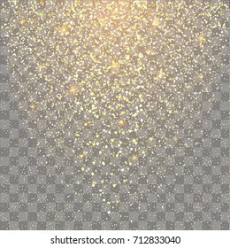 Festive explosion of confetti. Gold glitter background for the card, invitation. Holiday Decorative element. Illustration of falling shiny particles and stars isolated on transparent background.