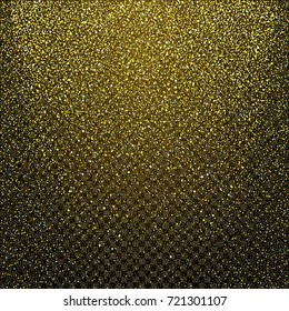 Festive explosion of confetti. Gold glitter background for the card, invitation. Holiday Decorative element. Illustration of falling shiny particles and stars isolated on transparent background.