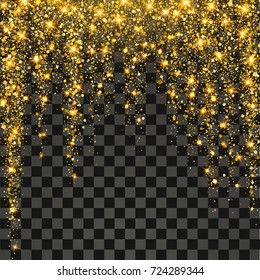 Festive explosion of confetti. Gold glitter background for the card, invitation. Holiday Decorative element. Illustration of falling shiny particles and stars isolated on transparent background.