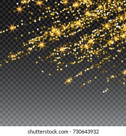 Festive explosion of confetti. Gold glitter background for the card, invitation. Holiday Decorative element. Illustration of falling shiny particles and stars isolated on checkered background.