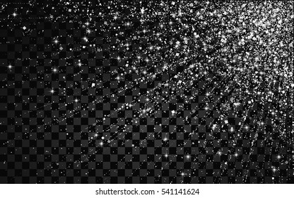 Festive explosion of confetti. Silver glitter background for the card, invitation. Holiday Decorative element. Illustration of falling shiny particles and stars isolated on transparent background.