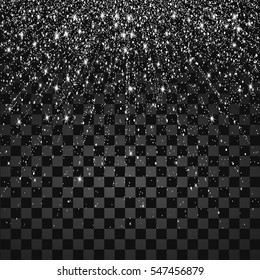 Festive explosion of confetti. Silver glitter background for the card, invitation. Holiday Decorative element. Illustration of falling shiny particles and stars isolated on transparent background.