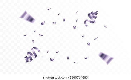 Festive explosion of realistic purple confetti and swirling ribbons isolated on a transparent background for celebration design.vector eps 10