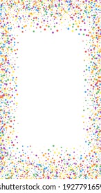 Festive Extra Confetti. Celebration Stars. Rainbow Confetti On White Background. Graceful Festive Overlay Template. Vertical Vector Background.