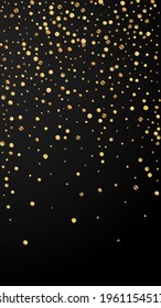 Festive extra confetti. Celebration stars. Sparse gold confetti on black background. Gorgeous festive overlay template. Vertical vector background.