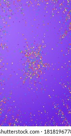 Festive extraordinary confetti. Celebration stars. Childish bright stars on violet background. Flawless festive overlay template. Vertical vector background.