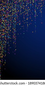 Festive fabulous confetti. Celebration stars. Childish bright stars on dark blue background. Fresh festive overlay template. Vertical vector background.