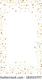 Festive fair confetti. Celebration stars. Sparse gold confetti on white background. Graceful festive overlay template. Vertical vector background.