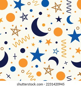 Festive fairy sky seamless pattern with moon, stars and doodles on a white background. vector illustration